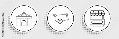 Set line Fast street food cart, Circus tent and Cannon icon. Vector