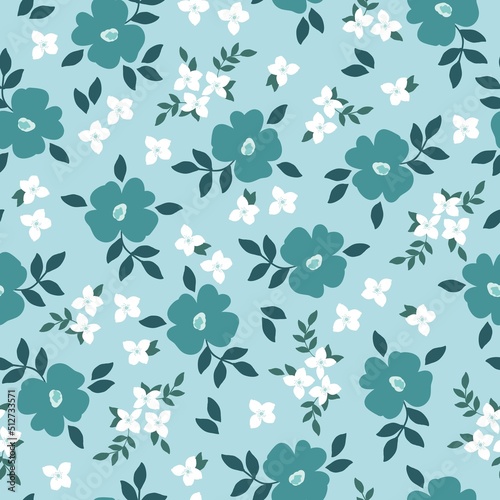 Simple vintage pattern. White and blue flowers. Light blue background. Fashionable print for textiles and wallpaper.