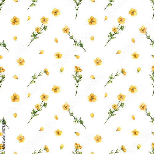 Watercolor floral pattern with yellow buttercups on a white background. Seamless floral background for fabrics, textiles, paper, wallpapers, etc.