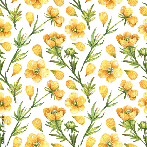 Watercolor hand painted seamless pattern with yellow buttercup flowers.. Floral background. Nature illustration for wrapping paper, textile, decorations..