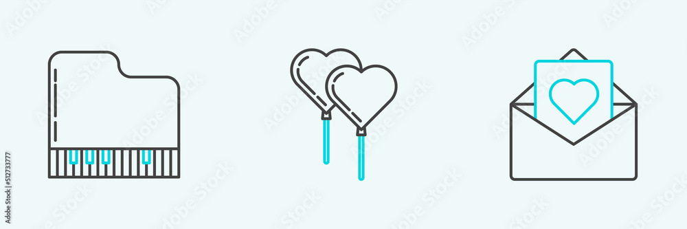 Set line Envelope with Valentine heart, Grand piano and Balloons form of ribbon icon. Vector
