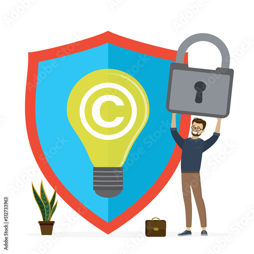 Businessman owner holds big padlock. Intellectual property sign in idea bulb. Patent, protection shield. Copyright reserved or product trademark that cannot copy.