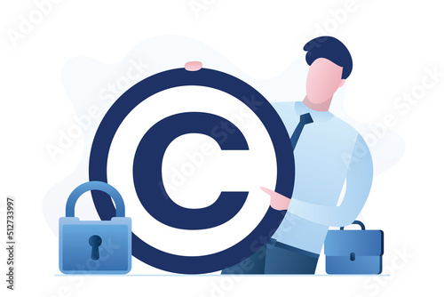 Businessman owner holds intellectual property sign with padlock. Patented protection, copyright reserved or product trademark that cannot copy. Protect business ideas and licenses.