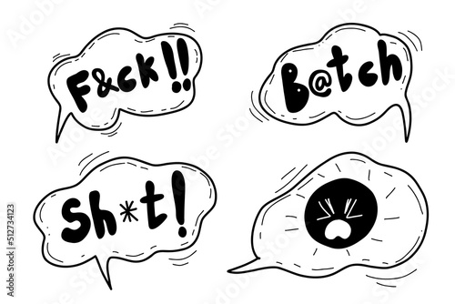 Bad Swear words. Comic speech bubble. Angry face. Doodle hand drawn swear bad emoji. Doodle hand drawn speech bubble with swear words symbols. Angry screaming face emotions. Vector illustration.