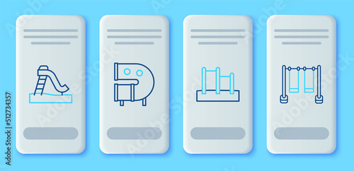 Set line Kid playground slide pipe, Horizontal bar, and Double swing icon. Vector