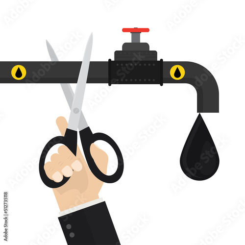The hand of diplomat or politician cuts off oil pipeline with big scissors. Ban on import oil, gas. Embargo, sanctions. Trade, economic wars. Geopolitics, war crisis.