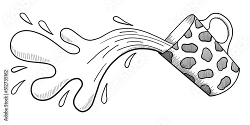 VECTOR ILLUSTRATION OF A MUG WITH SPILLING COFFEE ISOLATED ON A WHITE BACKGROUND. DOODLE DRAWING BY HAND