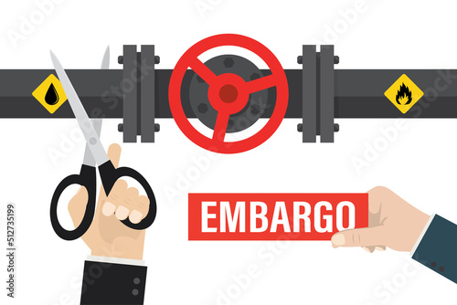 Hand of diplomat or politician cuts off oil pipeline with big scissors. Ban on import oil, gas. Embargo, sanctions. Trade, economic wars. Geopolitics, war and financial crisis.