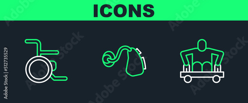 Set line Man without legs sitting wheelchair, Wheelchair and Hearing aid icon. Vector