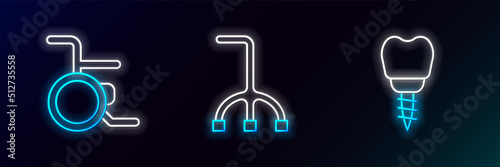 Set line Dental implant, Wheelchair and Walking stick cane icon. Glowing neon. Vector