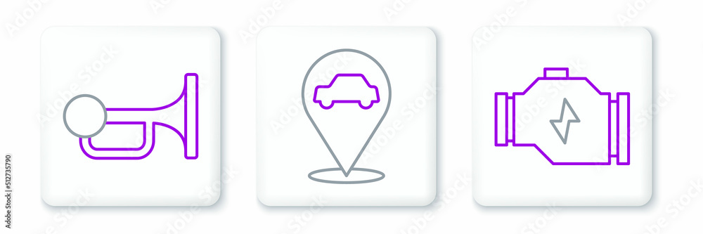 Fototapeta premium Set line Check engine, Signal horn on vehicle and Location with car service icon. Vector
