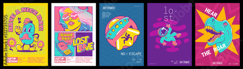Trendy retro posters for art design exhibition with symbols of ufo, dinosaur, spaceman, mushrooms and girl with long hair. Vector banners set with contemporary comic patches