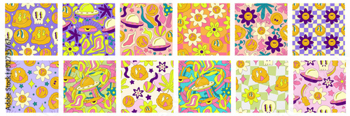 Trippy smile seamless pattern set with ufo, skull, daisy and rainbow. Psychedelic hippy groovy print. Good 60s, 70s, mood. Vector trippy crazy illustration. Smile face seamless pattern y2k style.