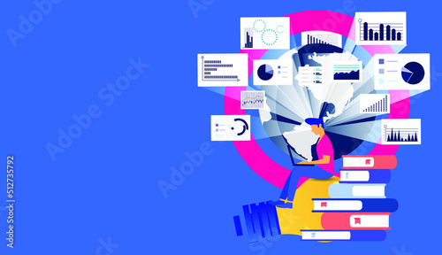 Business Man Use laptop and Book readers, think analyze flat design illustration Creativity modern Idea and Concept Vector.
