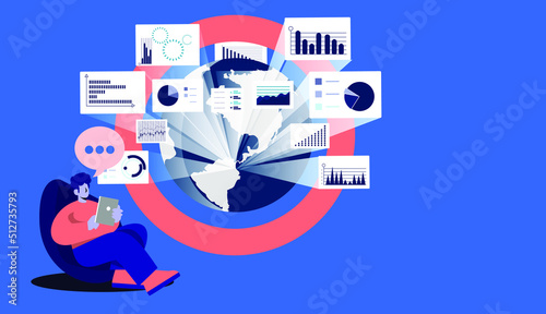 Business Man Use laptop and Book readers, think analyze flat design illustration Creativity modern Idea and Concept Vector.