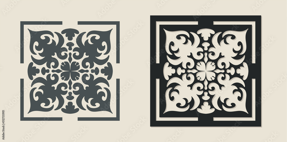 Vector Laser cut decorative Template of Majolica tile with Vintage ornament for stencils, die cutting or wood carving, element for wedding invitation card Vector Laser cut decorative Template of Majolica tile with Vintage ornament for stencils, die cutting or wood carving, element for wedding invitation card