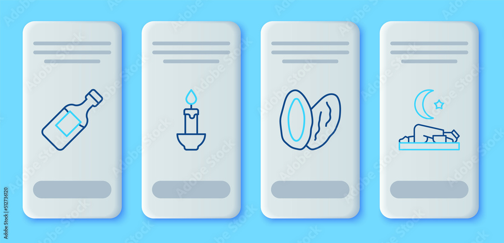 Set line Burning candle, Date fruit, Bottle of water and Muslim man prays icon. Vector