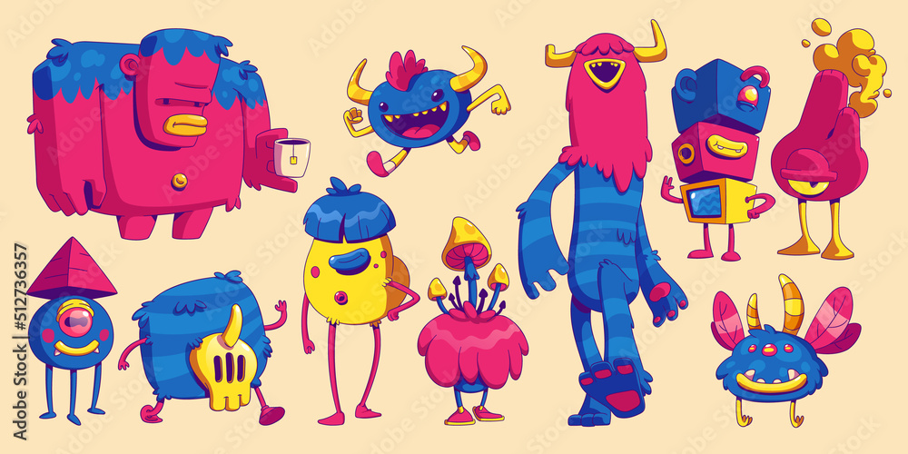 Cute monsters in trendy contemporary art style. Vector cartoon set of funny comic creatures, alien furry animals with teeth, horns, mushrooms and pyramid on head