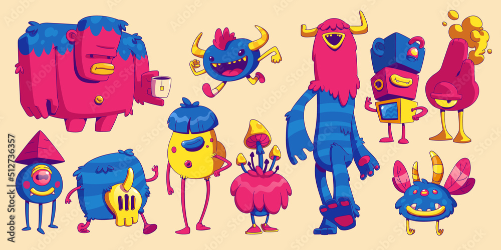 Naklejka premium Cute monsters in trendy contemporary art style. Vector cartoon set of funny comic creatures, alien furry animals with teeth, horns, mushrooms and pyramid on head