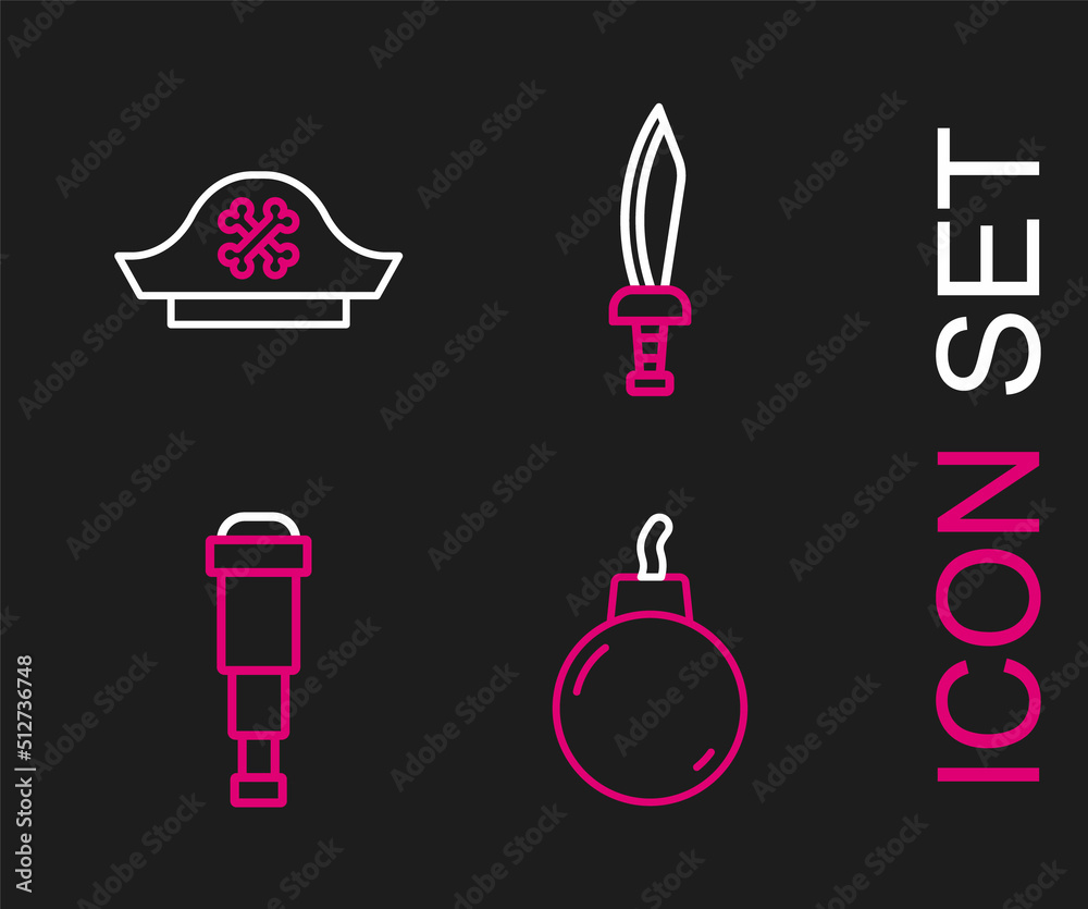 Set line Bomb ready to explode, Spyglass telescope lens, Pirate sword and hat icon. Vector