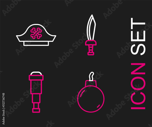 Set line Bomb ready to explode, Spyglass telescope lens, Pirate sword and hat icon. Vector