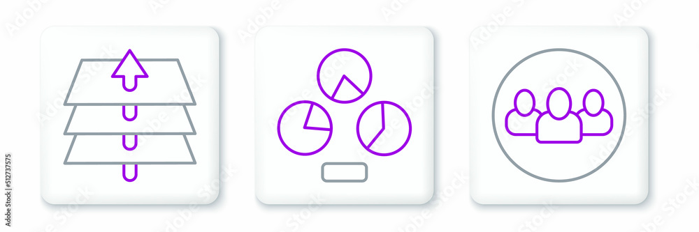 Set line Project team base, Layers and Pie chart infographic icon. Vector Set line Project team base, Layers and Pie chart infographic icon. Vector