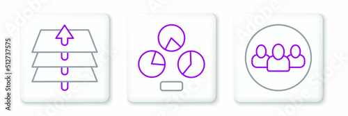 Set line Project team base, Layers and Pie chart infographic icon. Vector