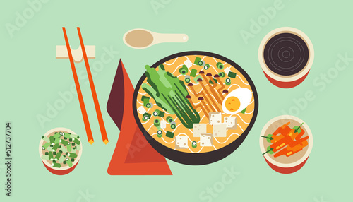 Asian ramen noodle soup with egg. Bowl with spicy hot Thai food. Japanese dishes wok with chopsticks and spices isolated. Vector geometric modern illustration of oriental cuisine delicacy culture.
