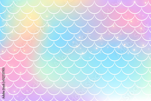 Holographic rainbow background with mermaid scales. A pattern with a tail on a gradient. Marine underwater pattern. Vector