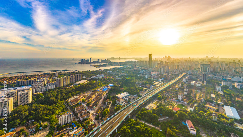 Fototapeta premium Haikou City Sunrise Aerial View, Hainan Province, China.