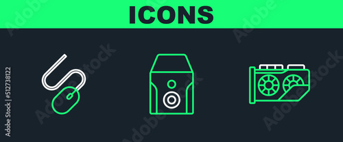 Set line Video graphic card, Computer mouse and Uninterruptible power supply icon. Vector