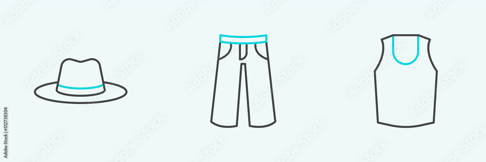 Set line Undershirt, Man hat and Pants icon. Vector Set line Undershirt, Man hat and Pants icon. Vector