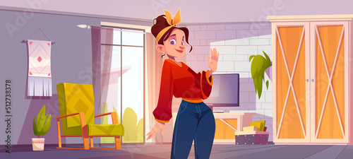 Woman in living room with couch, tv set and wardrobe. Vector cartoon illustration of cozy house or apartment interior in modern style and girl with hairband waving hand