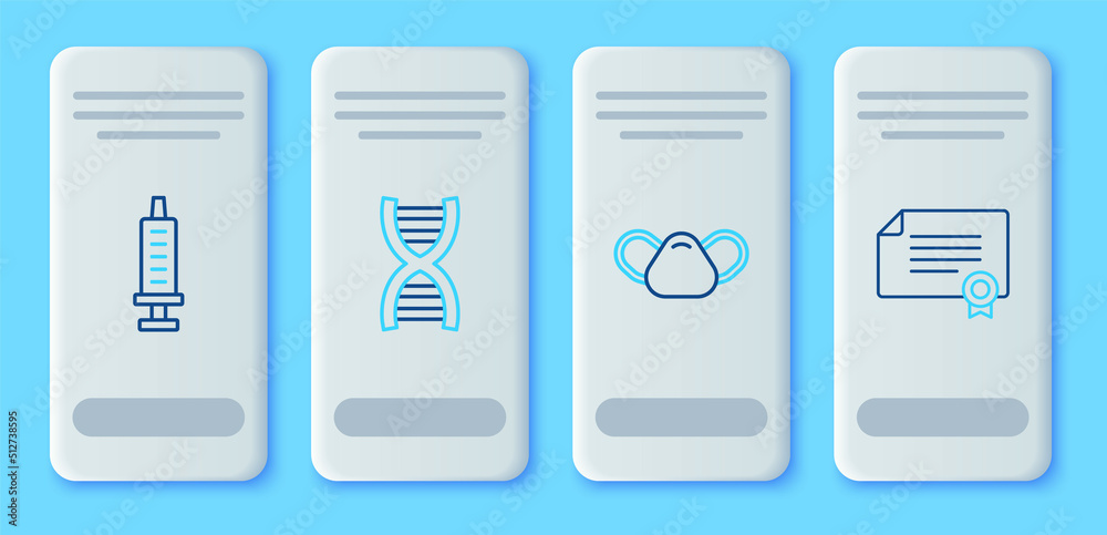 Set line DNA symbol, Medical protective mask, Syringe and Certificate template icon. Vector