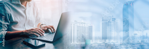 closeup hands of businessman working at office, Man typing keyboard on laptop or computer, Banner cover design.	