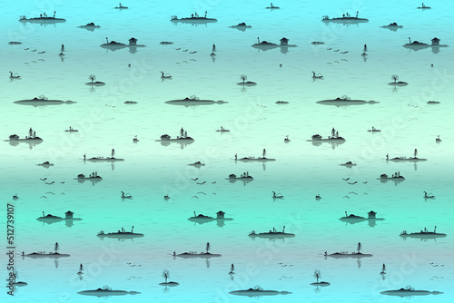 Dawn over the lake with islands, calm seamless pattern
