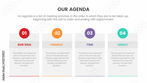 agenda infographic concept for slide presentation with 4 point list and box with horizontal direction