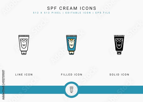 SPF Cream icons set vector illustration with solid icon line style. Ultraviolet protection concept. Editable stroke icon on isolated white background for web design, user interface, and mobile app