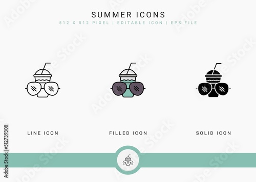 Summer icons set vector illustration with solid icon line style. Beach vacation concept. Editable stroke icon on isolated white background for web design, user interface, and mobile application