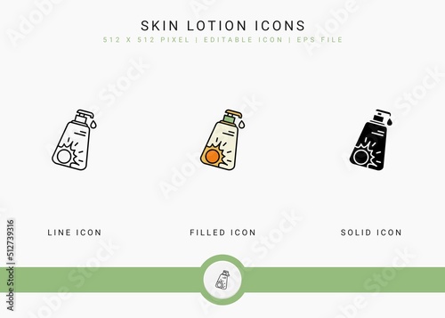 Skin Lotion icons set vector illustration with solid icon line style. Ultraviolet protection concept. Editable stroke icon on isolated white background for web design, user interface, and mobile app