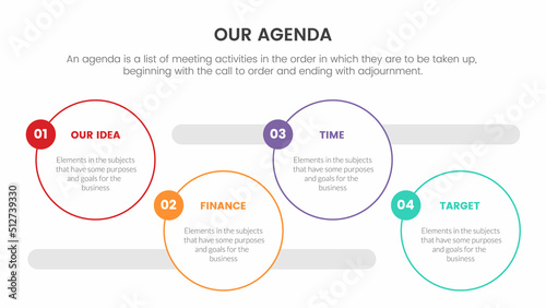 agenda infographic concept for slide presentation with 4 point list and circle horizontal direction