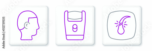 Set line Broken hair follicle, Hairstyle for men and Electric razor blade icon. Vector