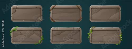 Game stone buttons, rectangular frames or ui level icons. cartoon design. Empty badges or banners with green vines, cracks and ropes, Isolated award, reward or bonus graphic elements, vector rpg set