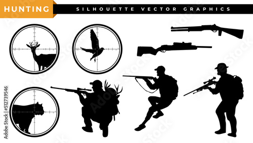Hunting silhouette. Hunter hunting vector with rifle, weapon. Forest animal hunting icon, logo, label, illustration. Deer, tiger, bird, in a target, to shoot. 