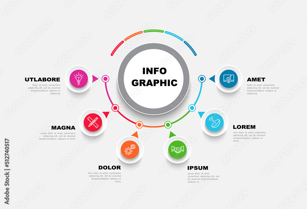 Infographics and marketing icons, design circles. Used to create workflows, charts, web design presentations. Business concept with 6 options, stages of the process, multicoloured. Vector illustration Infographics and marketing icons, design circles. Used to create workflows, charts, web design presentations. Business concept with 6 options, stages of the process, multicoloured. Vector illustration