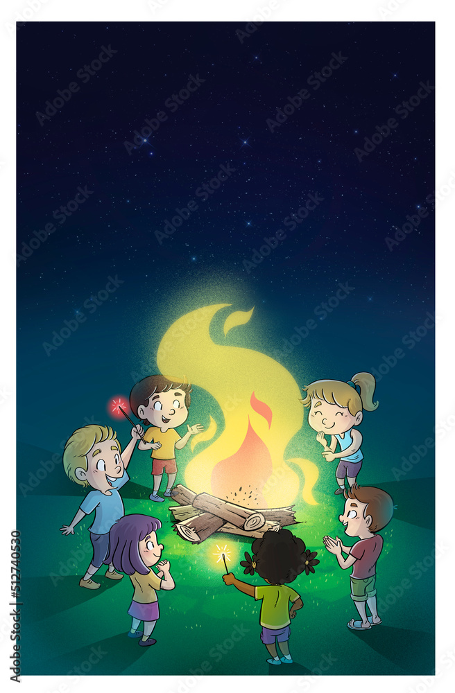 Naklejka premium Ilustración de niños alrededor de una hoguera en la noche