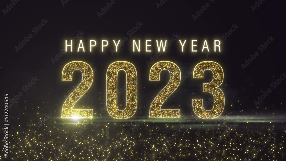 Spectacular Happy New Year 2023 golden glow particle loop animation with bokeh. Modern shimmering endless animation welcoming the new year. Holiday banner concept for eve, or party