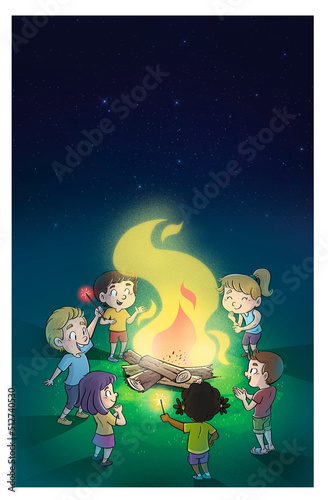 Ilustración de niños alrededor de una hoguera en la noche © cirodelia