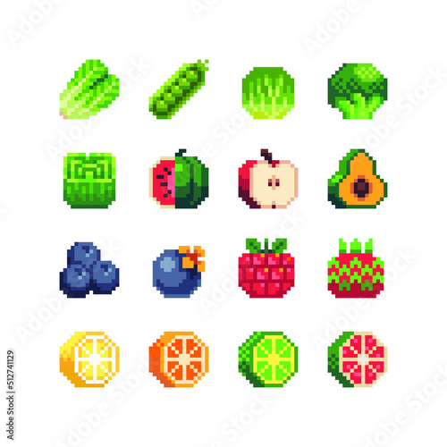 Fruits and vegetables pixel art icons set isolated vector illustration. Design for stickers, logo, mobile app. Game assets 80s 8-bit sprite sheet. 