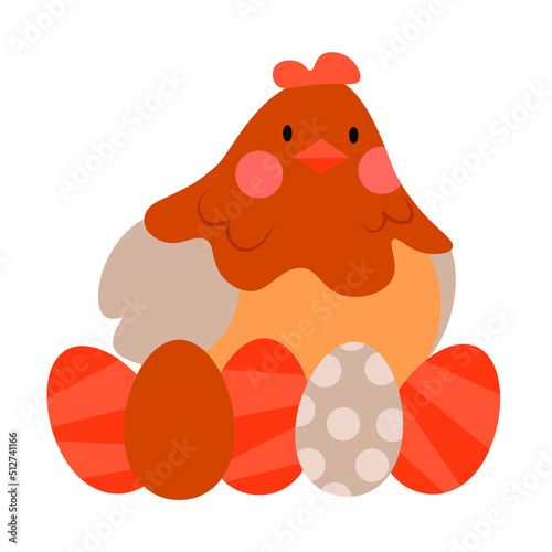 Brown hen with colorful eggs photo